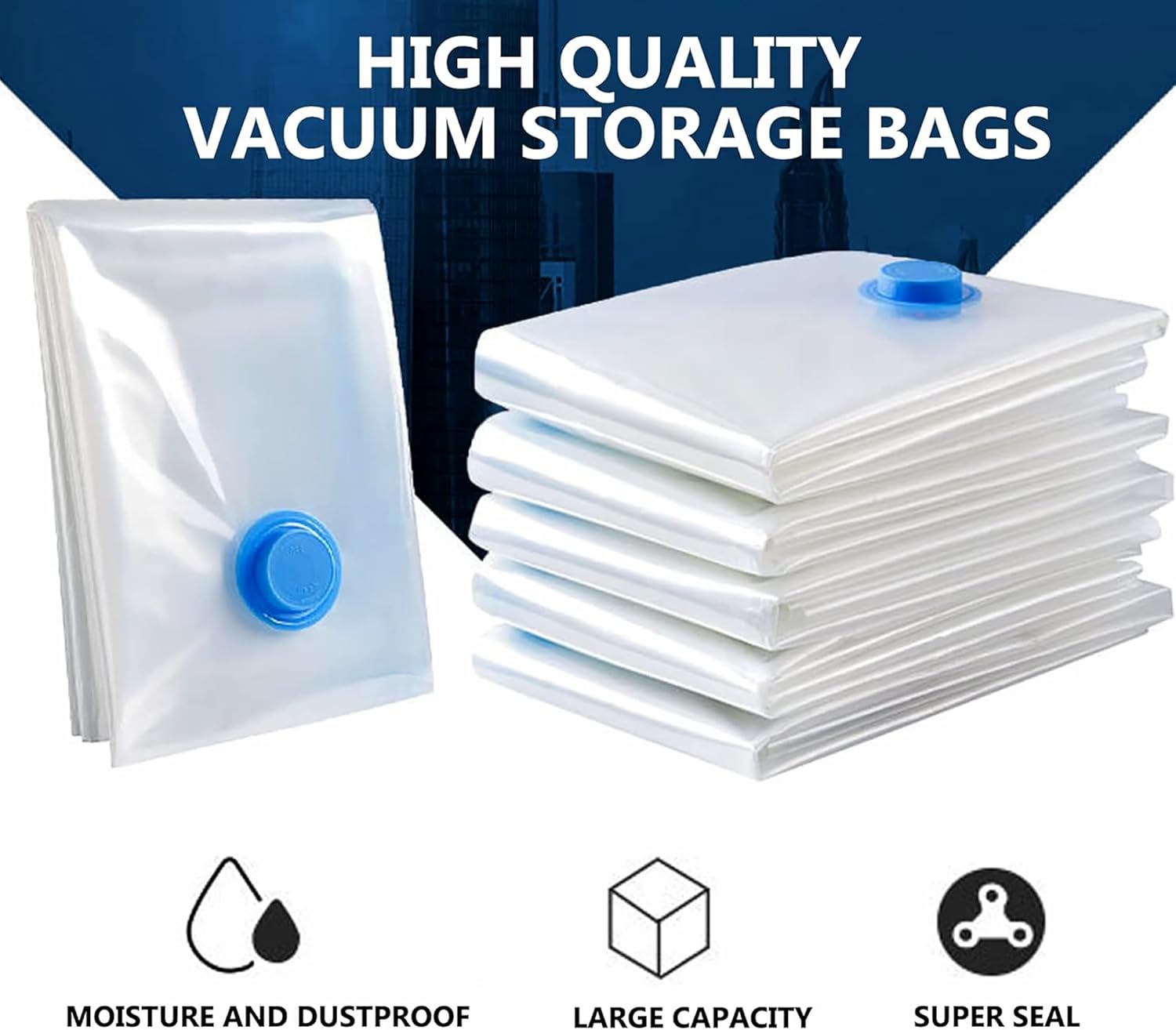 Vacuum Storage Bags (5 Pcs) Space Saver Vacuum Storage Bags Reusable Clothes Storage Bags Vacuum Seal Bags for Clothing, Comforters, Blankets, Bedding(2 Medium/2 Large/1 Jumbo/1 Pump)