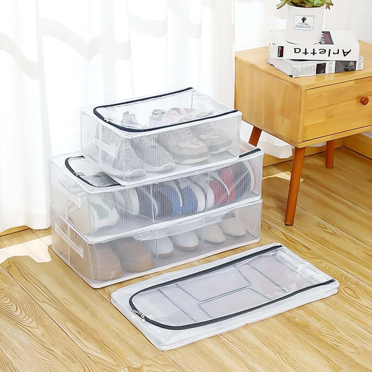 Transparent Under-Bed Clothes Storage Bag Organizer With Folding And Dustproof, Reinforced Handle With Zipper For Blanket, Toys, Shoes (27 Litre), 60X30X15 Cm(1 pcs)