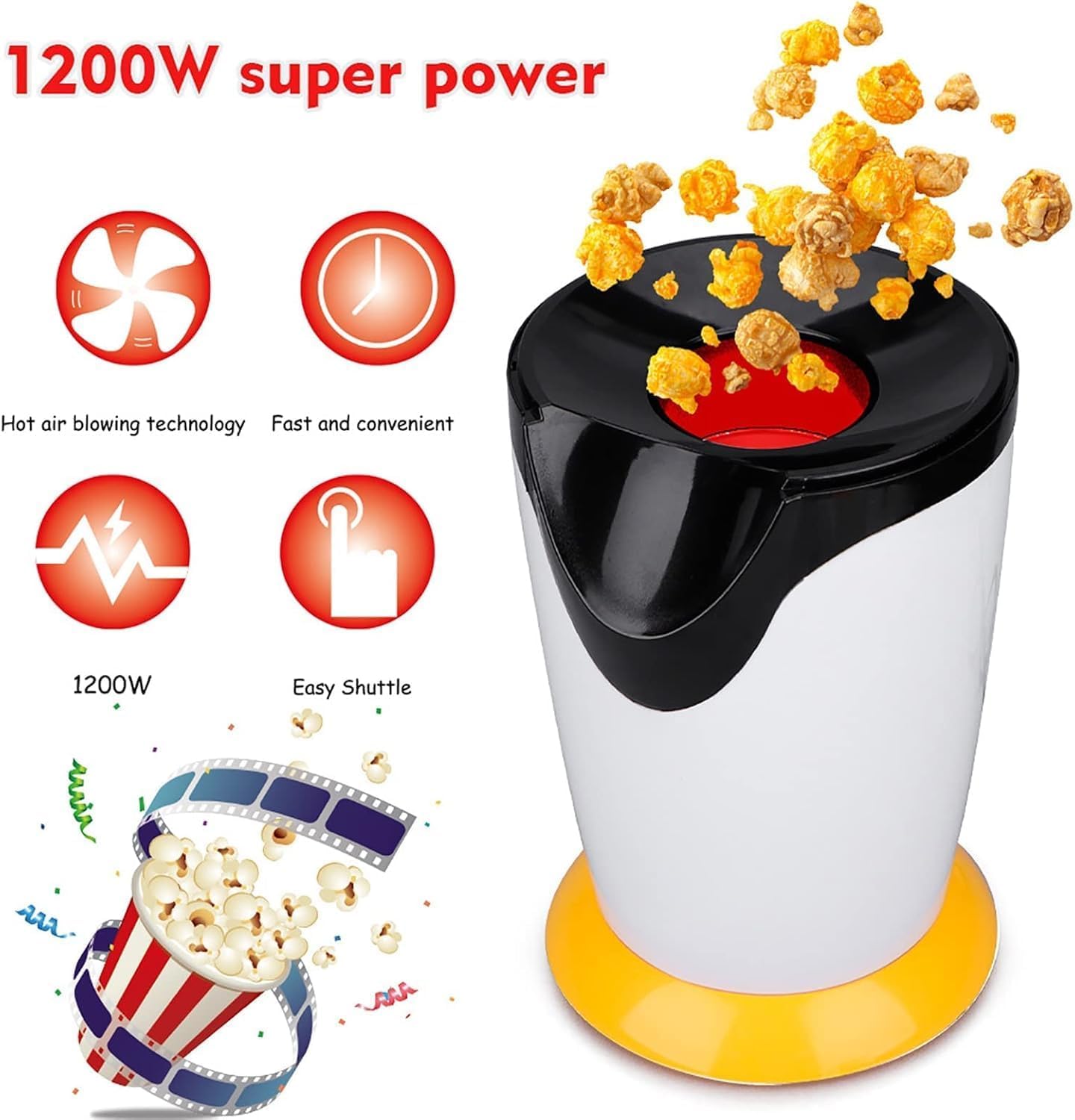 Automatic Popcorn Machine Home Use, Electric Big Popcorn Machine, Oil-Free Popcorn Maker Machine, 1200W Hot Air Popcorn Machine Household Electric Instant Pop Corn Maker