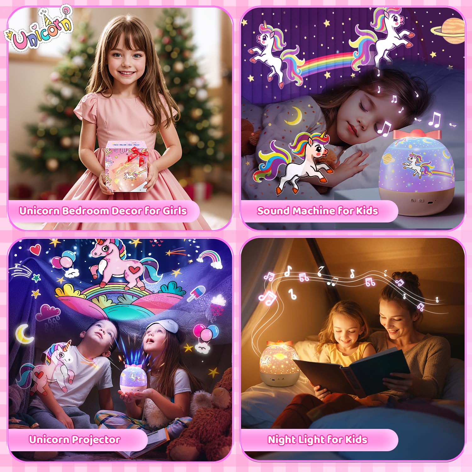 Baby Night Light, 15 Movies + 105 Modes Baby Night Light, 10 Musical and Bright Baby Night Light, Rechargeable Children's Nightlight, 360° Rotation Unicorn Night Light for Girls