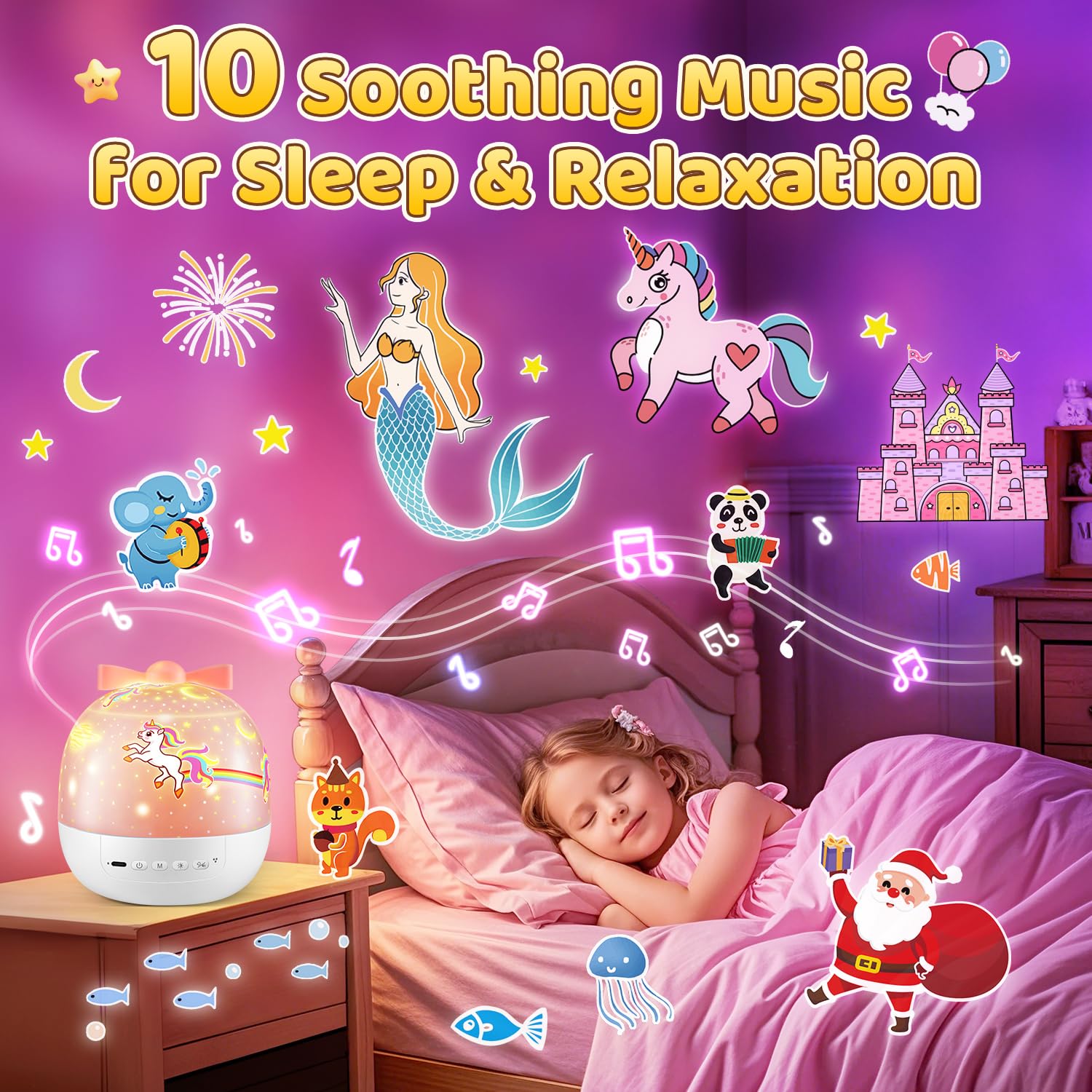 Baby Night Light, 15 Movies + 105 Modes Baby Night Light, 10 Musical and Bright Baby Night Light, Rechargeable Children's Nightlight, 360° Rotation Unicorn Night Light for Girls