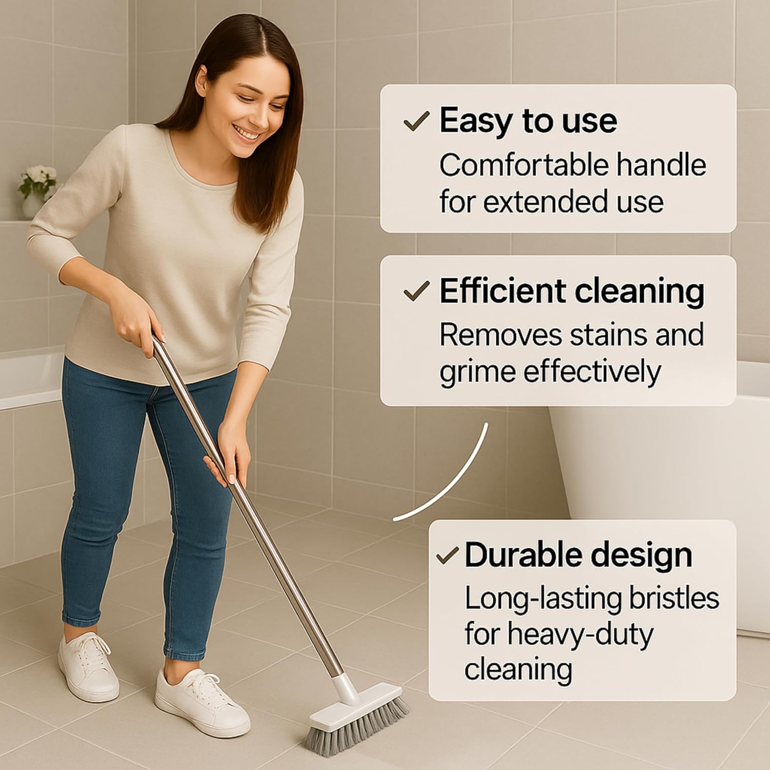 2 in 1 Bathroom Cleaning Brush with Wiper, Tile Cleaner Brush, Long Handle, White