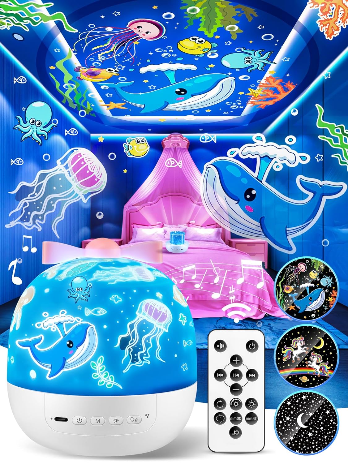 Baby Night Light, 15 Movies + 105 Modes Baby Night Light, 10 Musical and Bright Baby Night Light, Rechargeable Children's Nightlight, 360° Rotation Unicorn Night Light for Girls