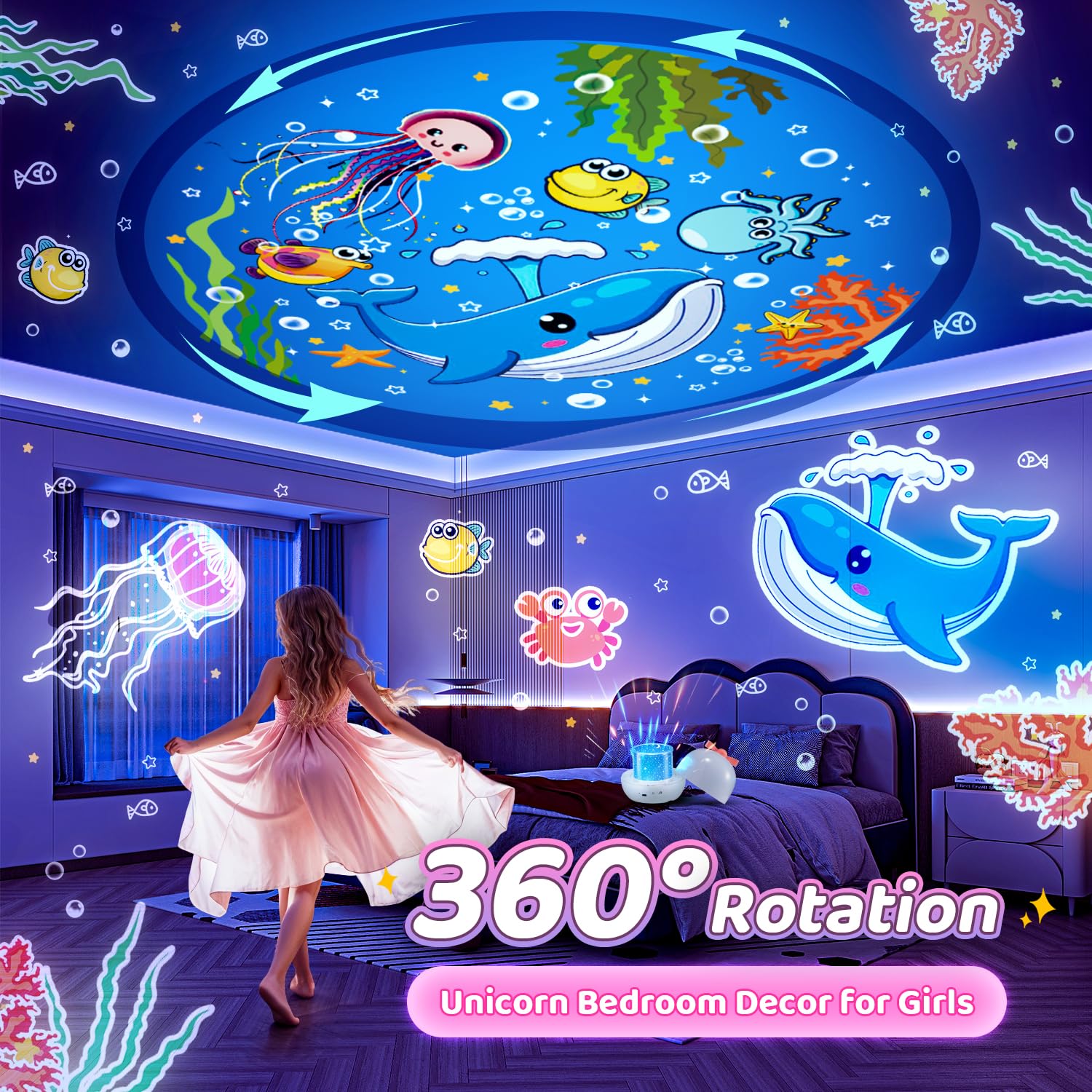 Baby Night Light, 15 Movies + 105 Modes Baby Night Light, 10 Musical and Bright Baby Night Light, Rechargeable Children's Nightlight, 360° Rotation Unicorn Night Light for Girls