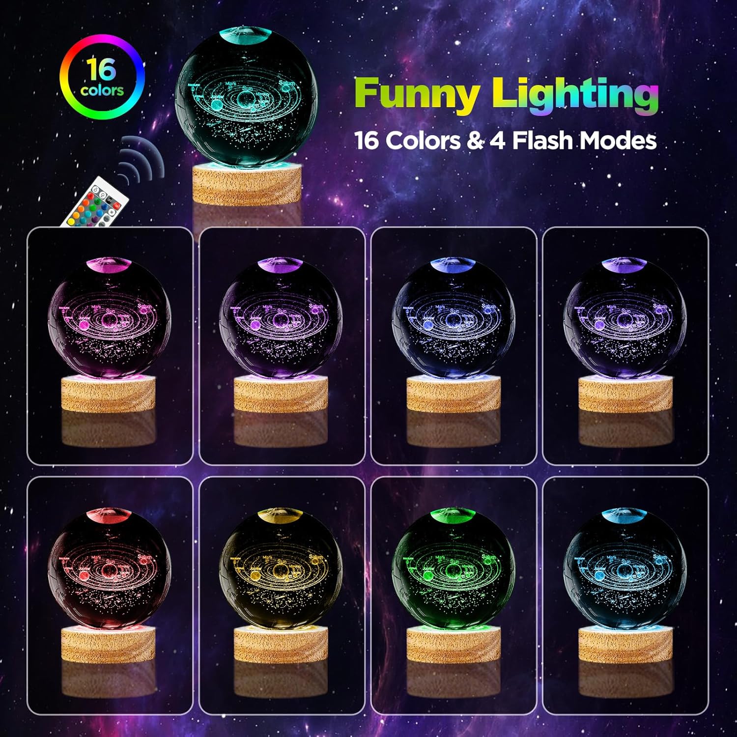 3D Galaxy Crystal Ball Lamp with Light Changing Wooden Base - 2.36 Inch Solar System Night Light, 3D Crystal Ball, Galaxy Ball, Galaxy Ball Lamp (16 Color)