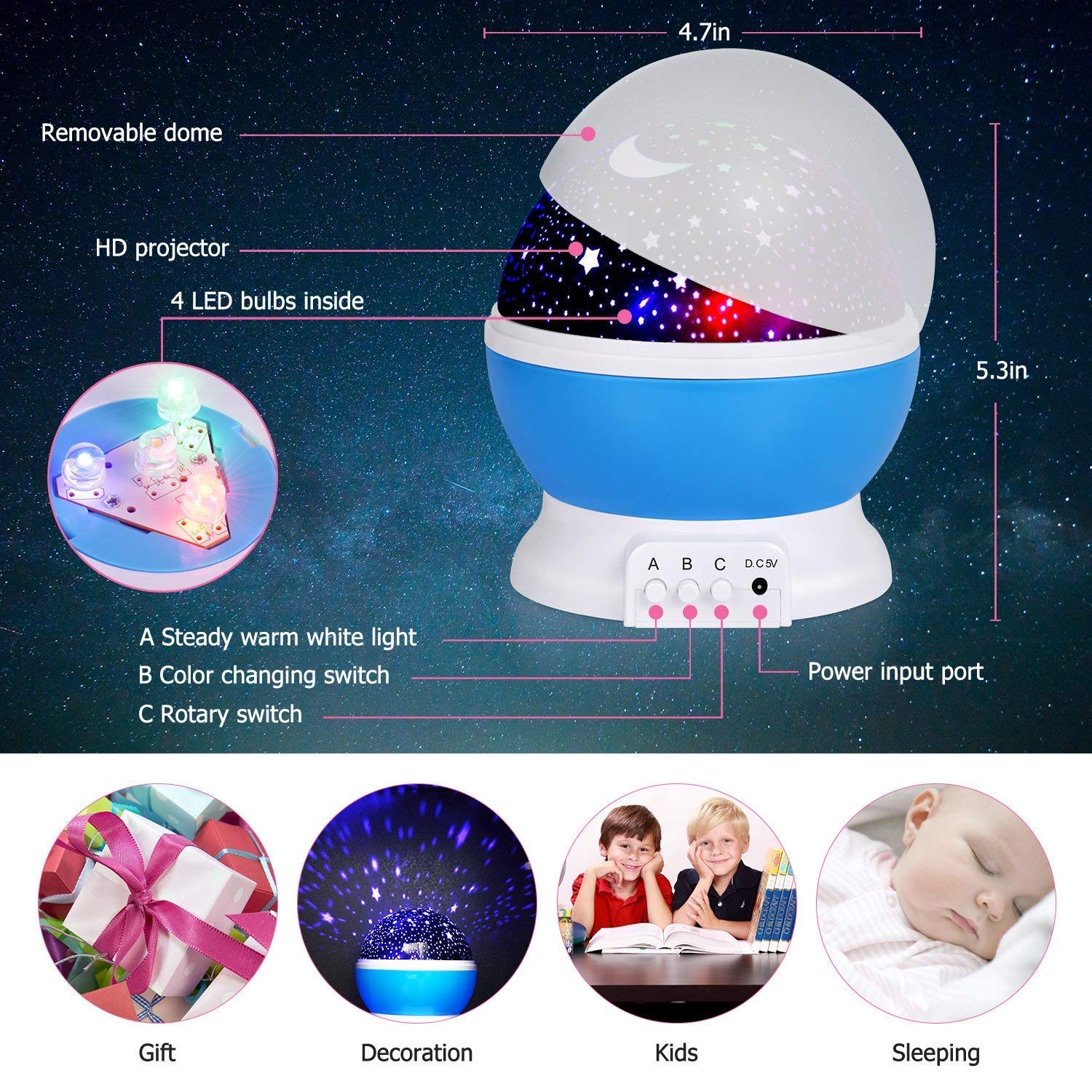 Star Master Galaxy Night Projector Lamp – 360° Rotating Led Starry Light with Moon, Ocean Wave & Astronaut Effects – Battery Operated for Bedroom Décor – Gift for All – Multicolor