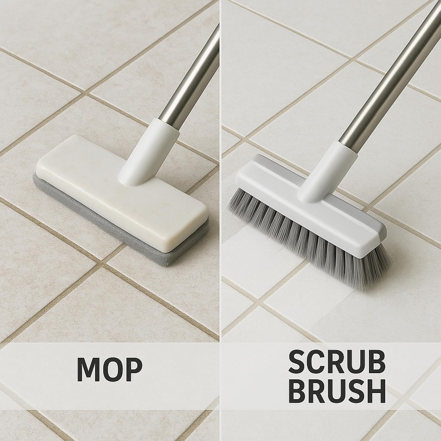 2 in 1 Bathroom Cleaning Brush with Wiper, Tile Cleaner Brush, Long Handle, White