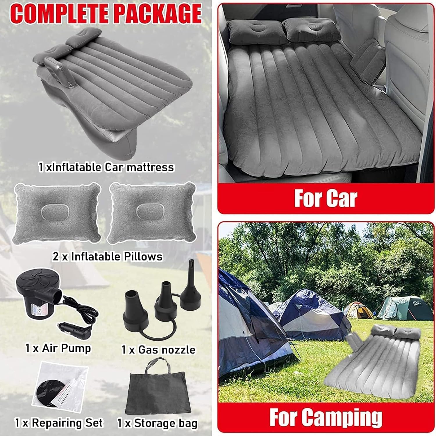 Premium Car Inflatable Bed with Pump & 2 Air Pillow | Quick Inflatable Back Seat Bed | Car Inflatable Mattres | Car Bed Mattress | Car Bed for Kids,Travel,Trip,Camping,Picnic, Beach (Grey)