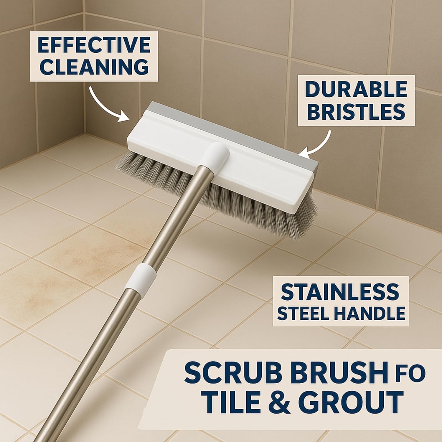 2 in 1 Bathroom Cleaning Brush with Wiper, Tile Cleaner Brush, Long Handle, White