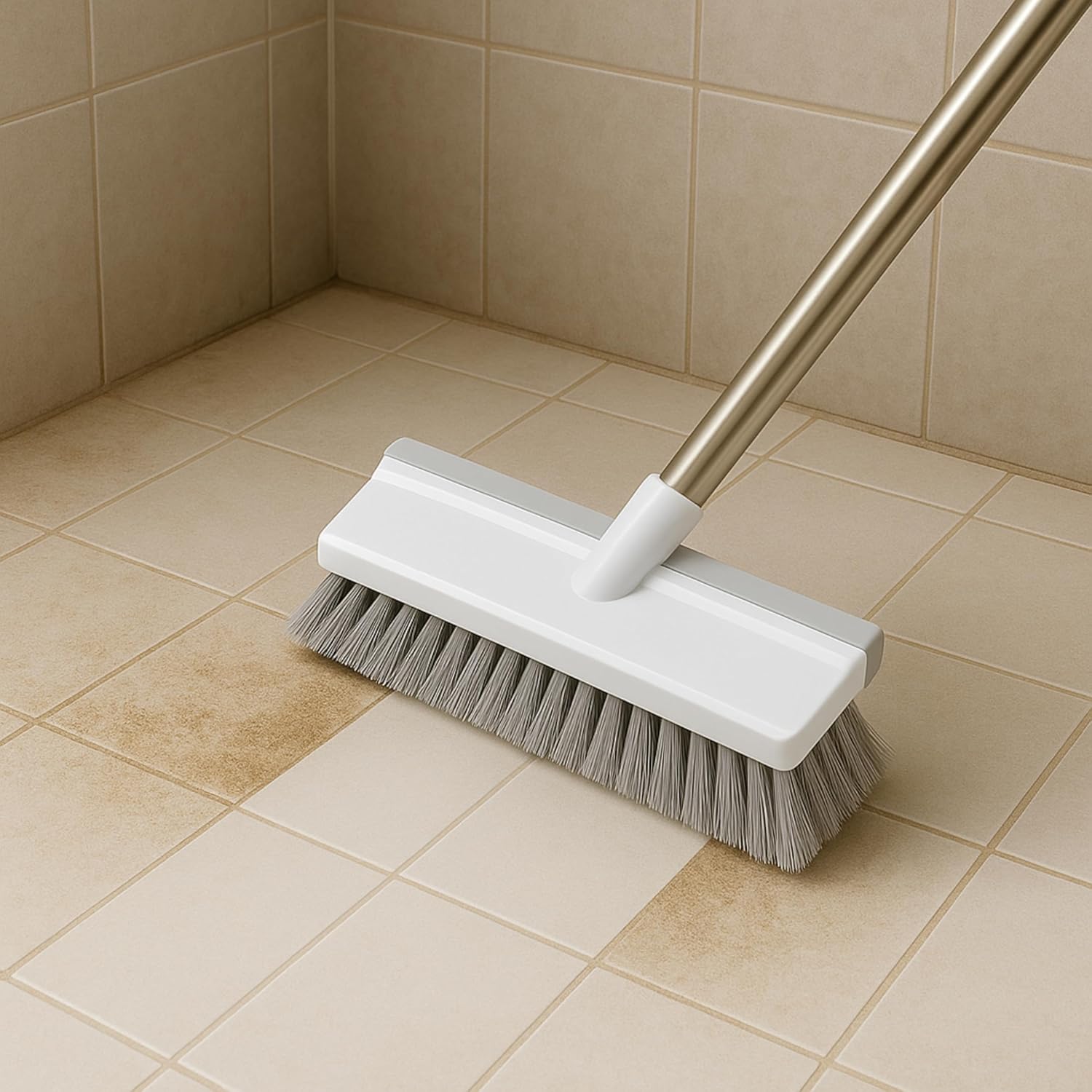 2 in 1 Bathroom Cleaning Brush with Wiper, Tile Cleaner Brush, Long Handle, White