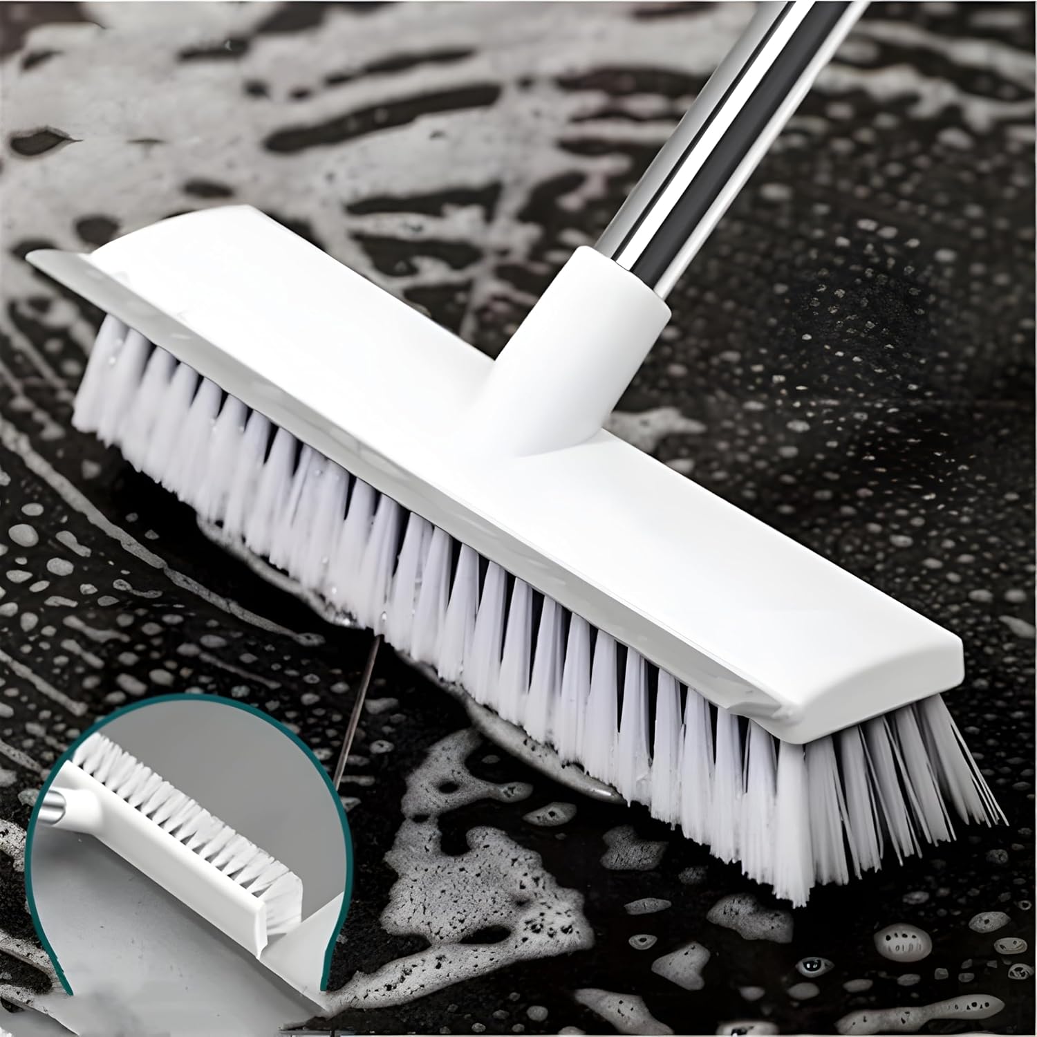2 in 1 Bathroom Cleaning Brush with Wiper, Tile Cleaner Brush, Long Handle, White