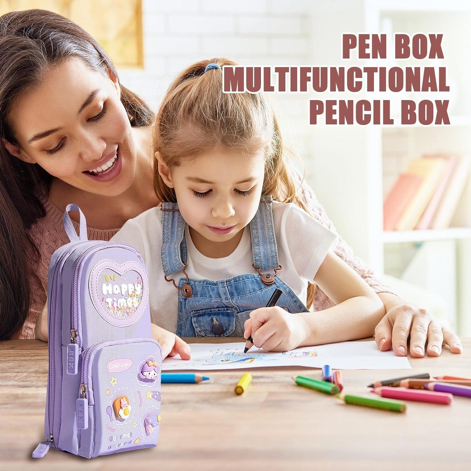 Premium Pencil Case 6 Layer with 3 Compartment Cute Aesthetic Pencil Case,Stationery Organizer for School Supplies, Office, and Travel | Ideal Gift for Girls and Art Lovers (Happy-Purple)