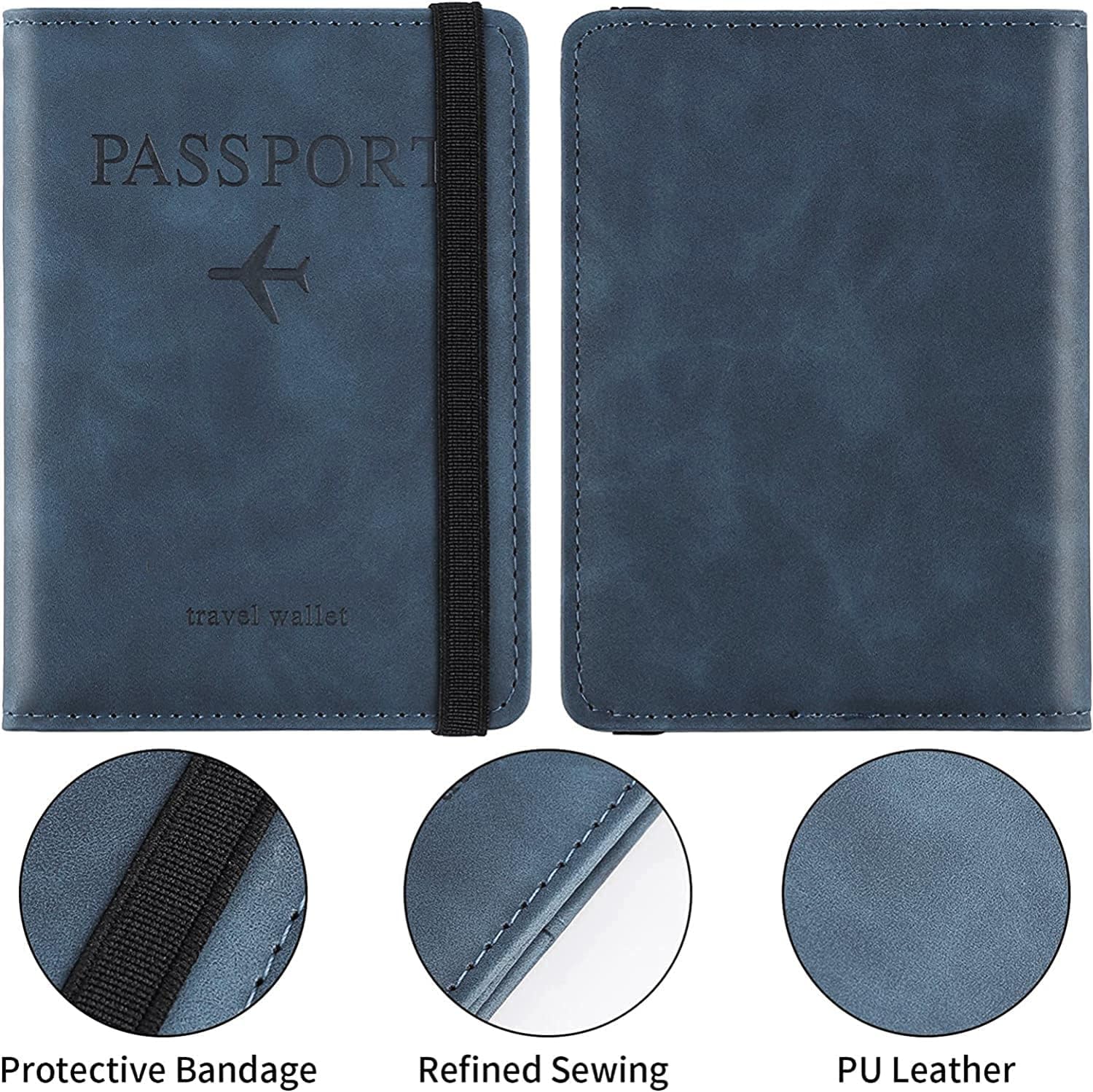Passport Holder Cover Wallet RFID Blocking PU Leather Travel Document Holder, Card Case Travel Accessories for Women Men (Blue)