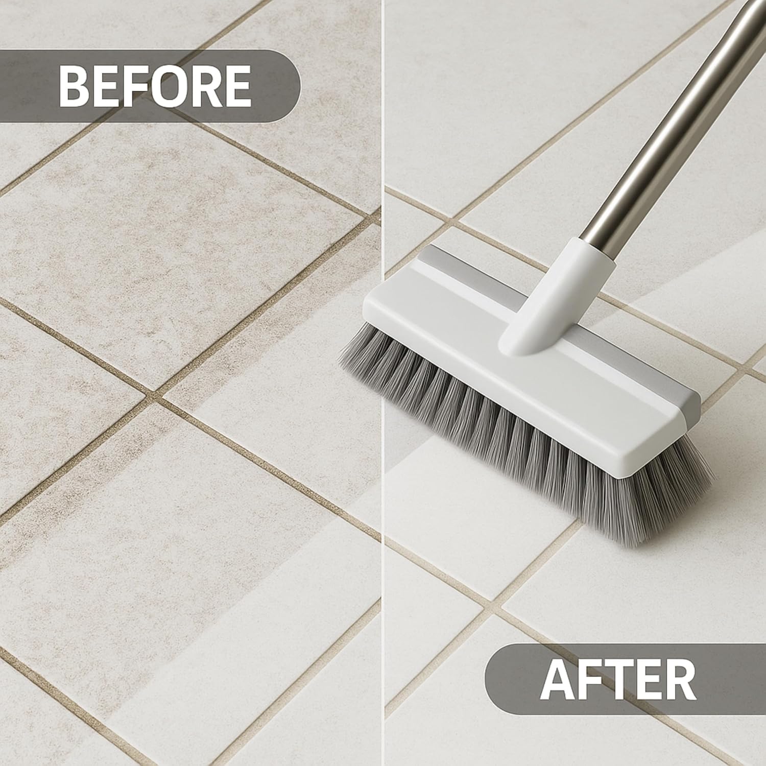 2 in 1 Bathroom Cleaning Brush with Wiper, Tile Cleaner Brush, Long Handle, White