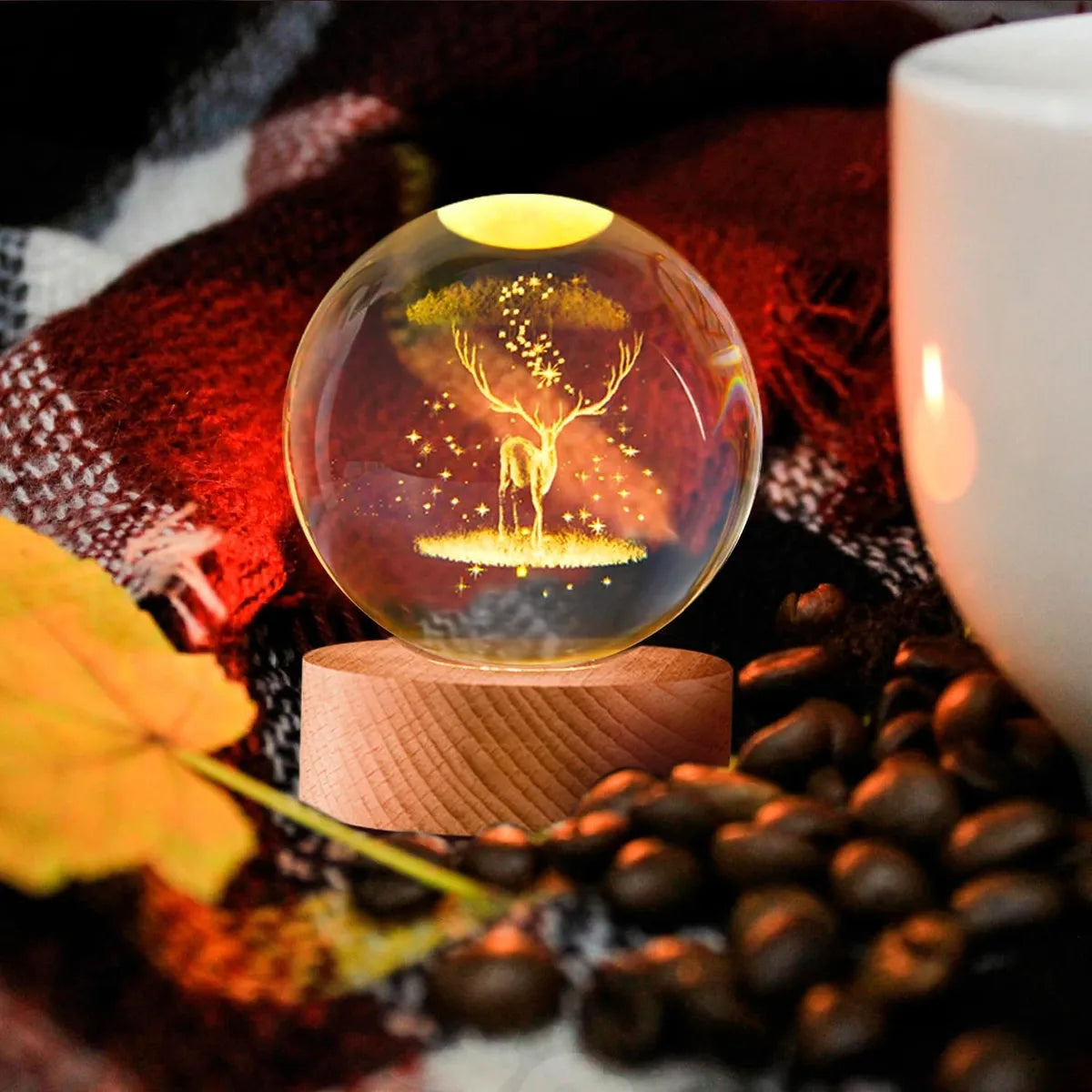 3D Snow Deer Crystal Ball Night Lamp, USB Table Colorful LED Wooden Crystal Ball for Home Decoration Birthday Gift for Men,Women,Kids,Boys,Girls,Teens (Snow Deer)